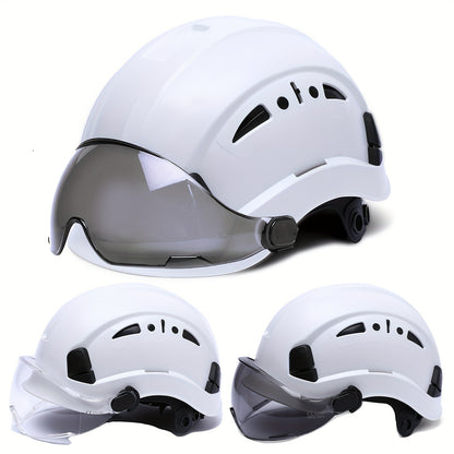 Adjustable Safety Helmet with Integrated Visor - Durable ABS Plastic, Ergonomic Design for Construction & Industrial Use, White, Construction Safety Gear, Sleek Glossy Finish, Secure Fit Straps