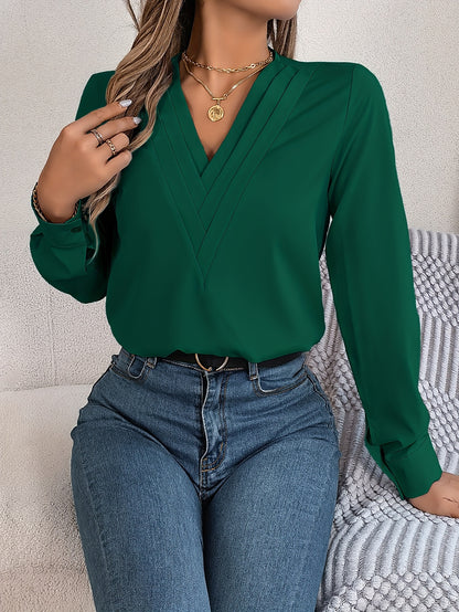 Women'S Elegant V-Neck Long Sleeve Shirt, Solid Color Polyester Blouse with Triple V-Cut, 95% Polyester 5% Elastane, Woven Fabric, 120g/m², for Spring/Summer/Fall - Adult