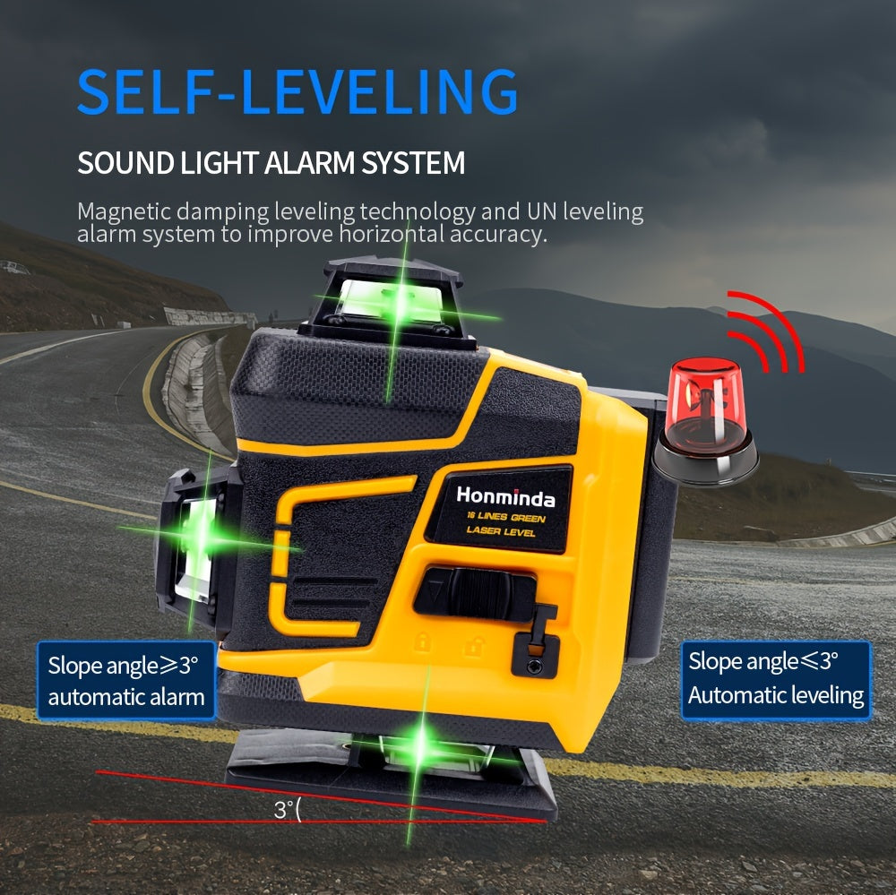 Honminda 16-Line 360° Self-Leveling Laser Level with Green Beam, 4x360° Vertical/Horizontal Cross Lines, Rechargeable Battery & Remote Control, Lifting Base & Tripod Included for Construction, Photography, Videography, Vide