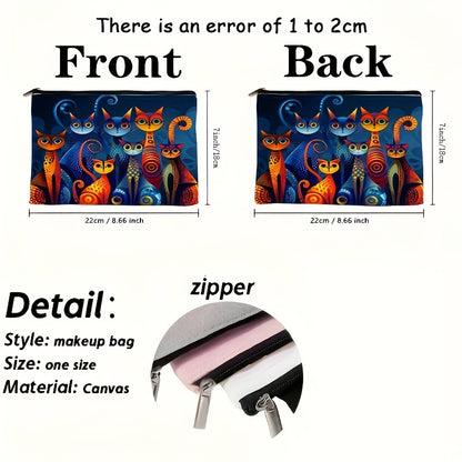 Colorful Cat Design Makeup Bag with Zipper - Lightweight, Foldable Travel Cosmetic Pouch & Toiletry Organizer - Ideal Gift for Women, Teachers, and Friends - Casual Style, Easy to Clean, Travel Makeup Bag|Whimsical Cat Design