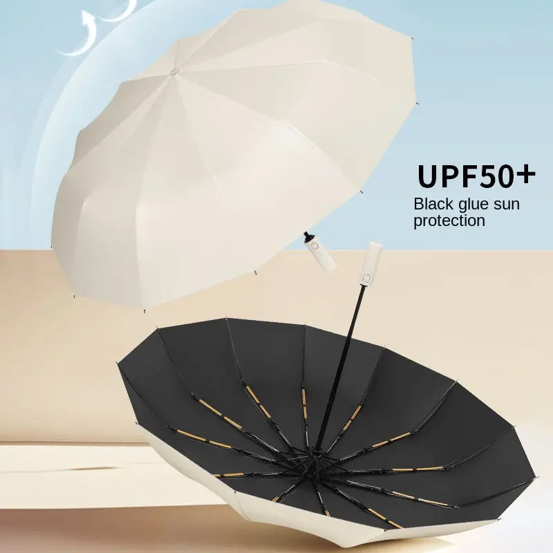 Large Automatic Folding Umbrella - Double Rib Design, Windproof &, 12 Ribs, Compact & Durable, Black with Orange Accents, Dual User Coverage, | Fashion Accessory | High-quality Fabric, Outdoor Umbrella