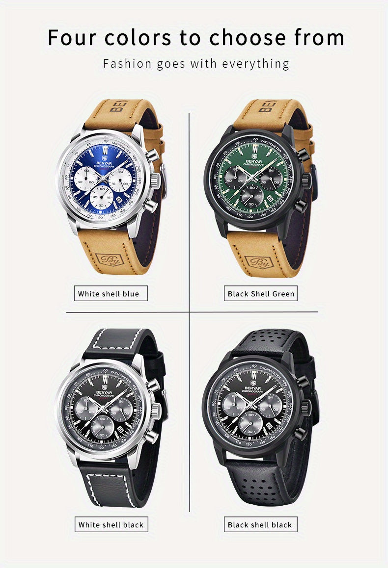 BENYAR Top Brand Men's Watches Sport For Men Multifunction Chronograph Black Fashion Quartz Wristwatches Calendar With Leather Strap