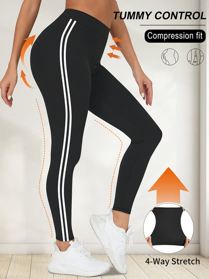 Women'S High-Waisted Black Side Stripe Leggings - Compression Fit, 4-Way Stretch, Crop Length, Sports Pants for Fitness and Casual Wear, Athletic Wear|Side Stripe Leggings|Compression Fit Leggings