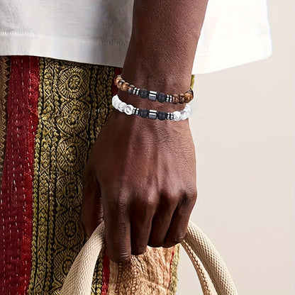 4pcs Men's Beaded Bracelet, Neutral Tiger Eye White Turquoise Spacer Handmade Beaded Elastic Bracelet, Daily Wear and Gift for Men and Women Couples