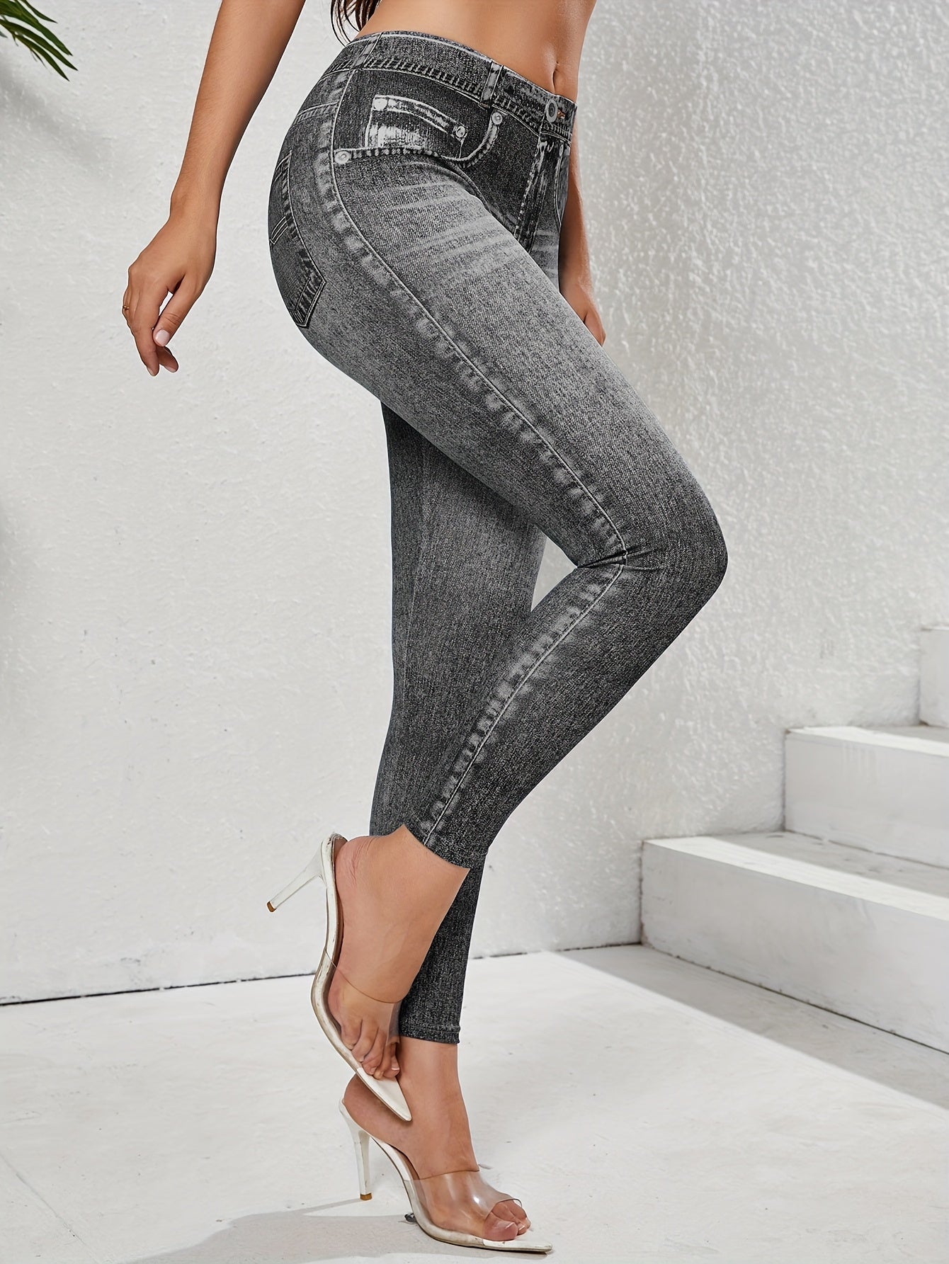 【imitation denim】New Women'S Fashion Casual Trendy Comfortable Breathable High-Waisted Stretchy Blue Faux Denim-Like Printed Leggings for Daily Commuting, Enhancing The Hips And Waist, Women'S Base Layer Pants, Fitted Leg