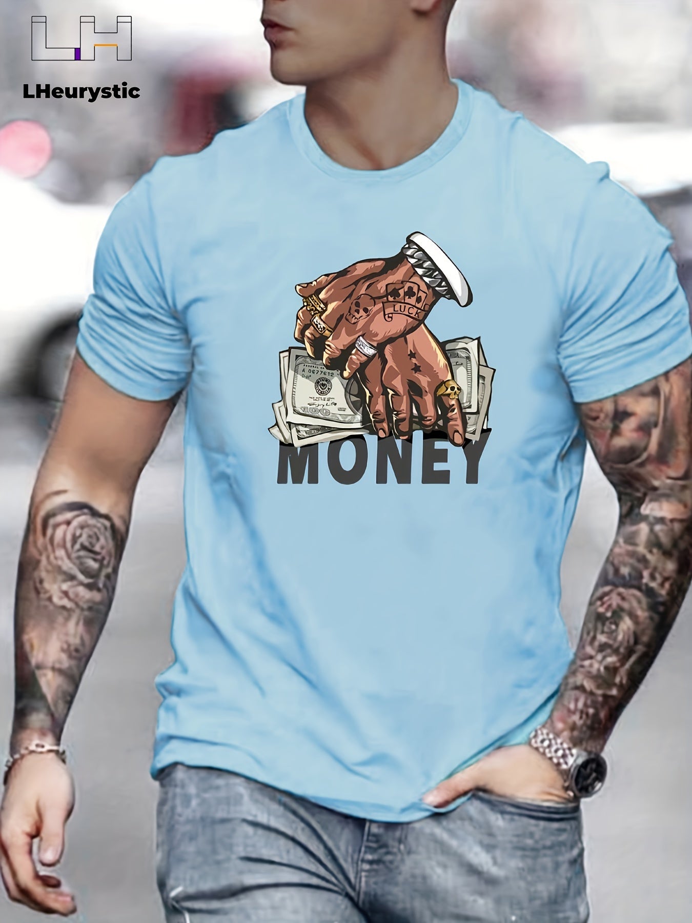 T-shirt de gola redonda para homem com estampado de dinheiro e mãos em estilo cartoon, t-shirt casual e confortável para o verão, ideal para usar no dia a dia em resorts e férias.