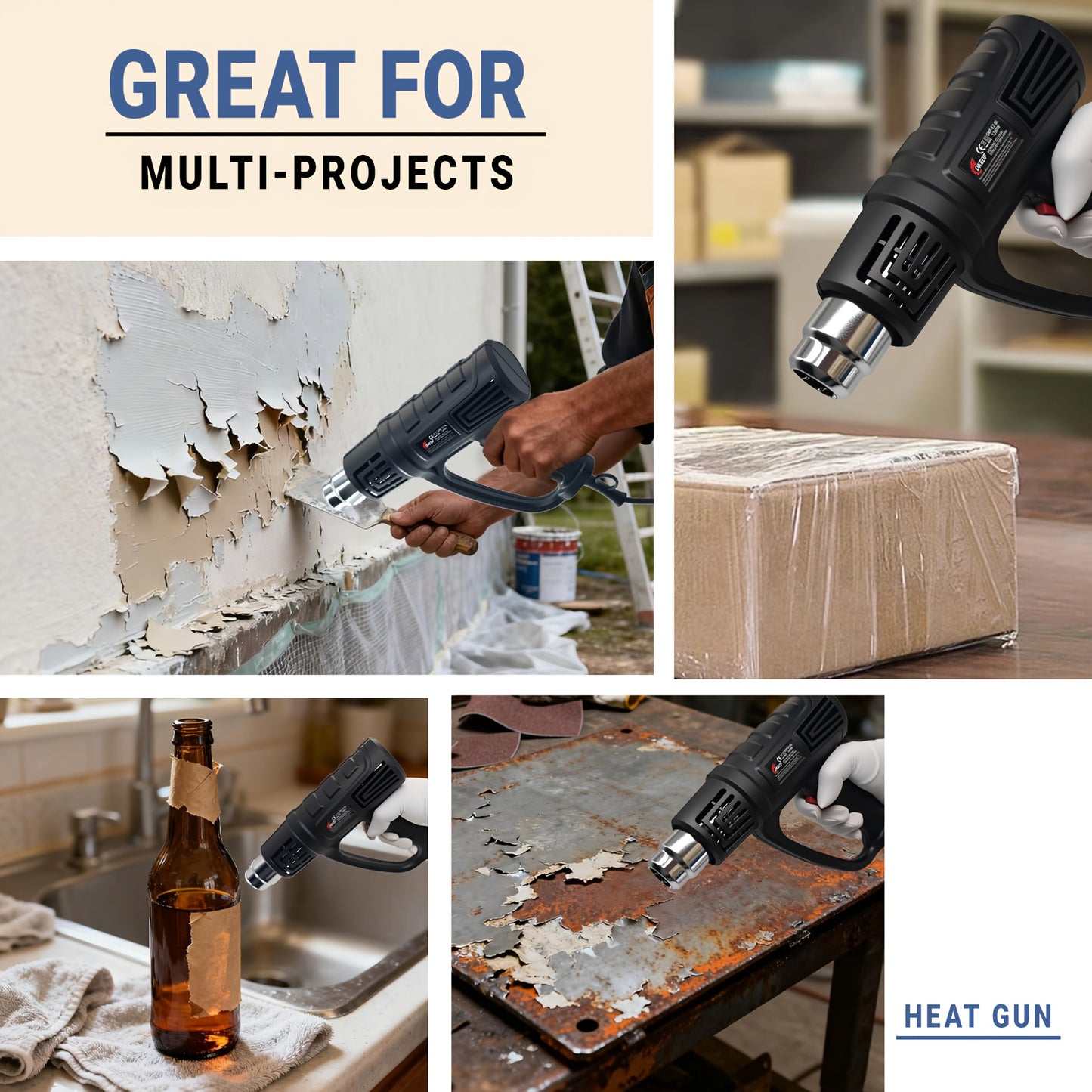 DKEOF Turbo Heat Gun Pro - 1280W High-Power Industrial Heat Gun with 4-Nozzle Kit, 100-600°C Precision Temperature Control, Overheat Protection, Durable Construction, Ergonomic Design, Heavy-Duty Metal Construction for Weldi