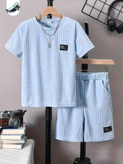 Boys' Fashion Casual Round Neck Short Sleeve T-Shirt + Casual Shorts Two-Piece Set, Perfect for Outdoor