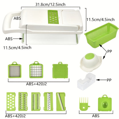 16pcs All-in-One Vegetable & Onion Chopper Set with Drainage Basket - Heavy-Duty Manual Food-Grade Stainless Steel Kitchen Chopper with Carrot, Garlic, Potato, Onion, And More - Ideal For Home, Restaurant, Rv, And Kitchen Use