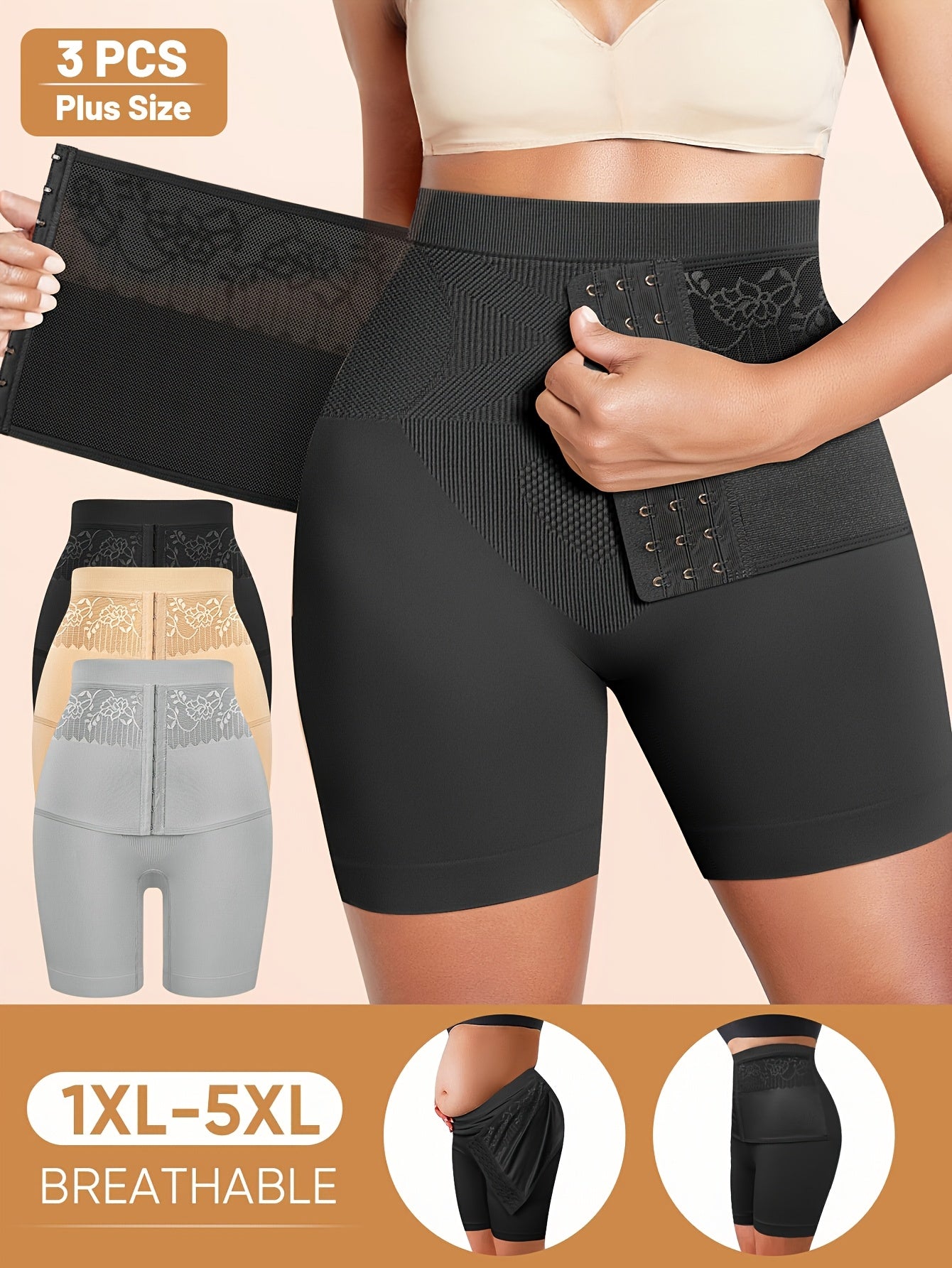 3pcs Value Pack Plus Size Women'S High-Waisted Tummy Control Shapewear Shorts - Seamless, Breathable Nylon Fabric, Medium Stretch, Easy Care & Quick-Dry, Non-Slip Waistband for, & Casual Attire (1XL-5XL)