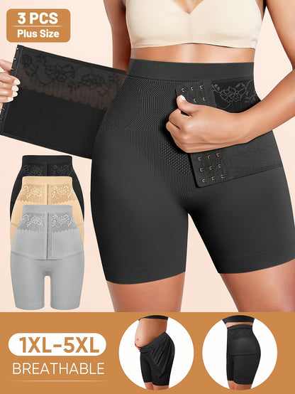 3pcs Value Pack Plus Size Women'S High-Waisted Tummy Control Shapewear Shorts - Seamless, Breathable Nylon Fabric, Medium Stretch, Easy Care & Quick-Dry, Non-Slip Waistband for, & Casual Attire (1XL-5XL)