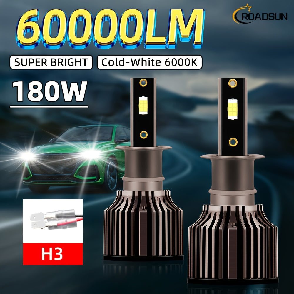 2pcs ROADSUN LED Bulbs - 60000LM Ultra Bright, 180W, 6000K Cool White, H1/H7/H11/9005/9006/H4/H13/9007/9004 Compatible, Plug & Play, Cooling Fan, Aviation Aluminum Housing, 12V/24V Compatible, for Cars, Trucks, SUVs, Motorcyc