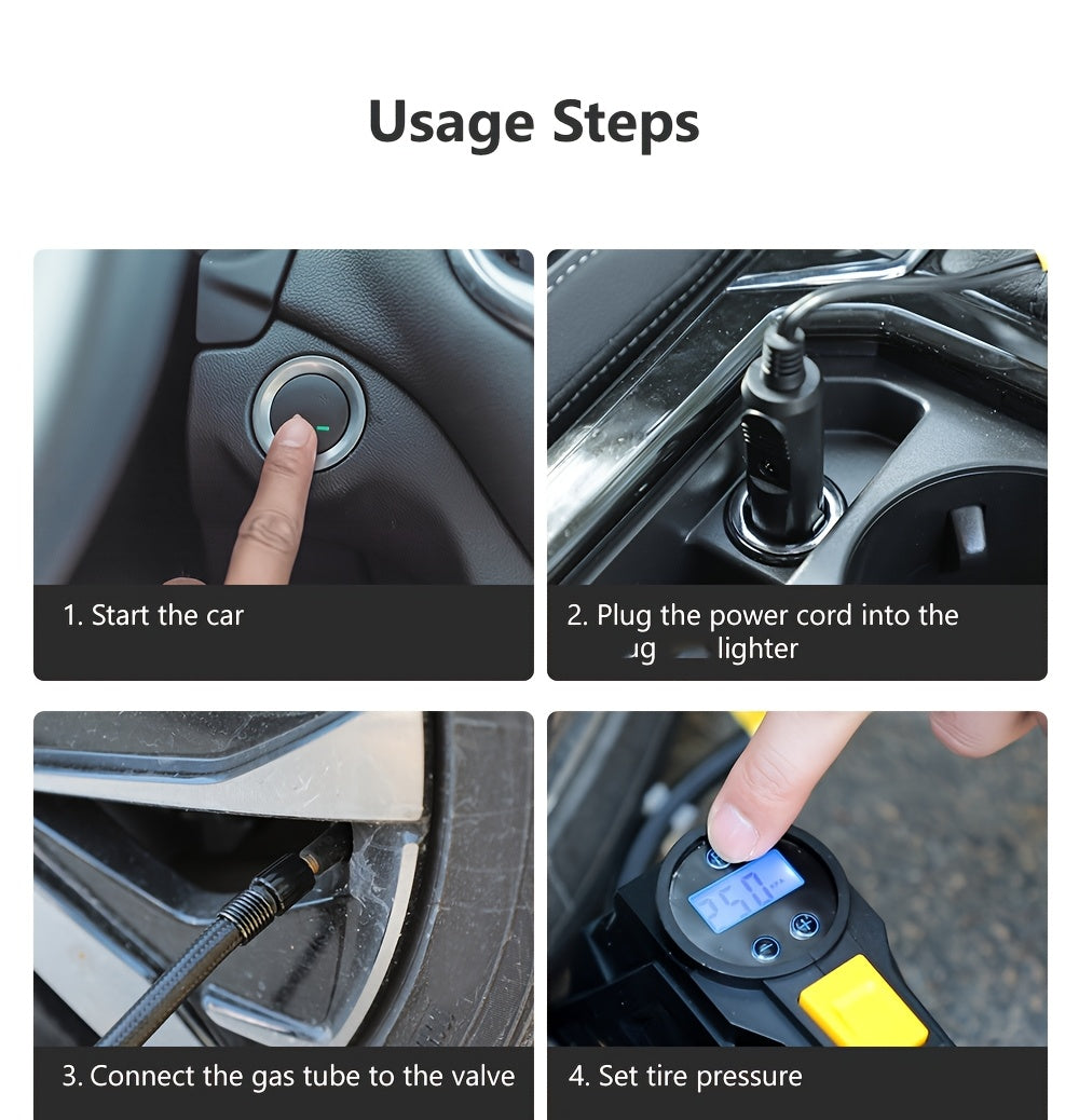 Inflador de pneus digital CaRSun, bomba de ar portátil com luz LED para automóveis, motos e bicicletas - DC 12V, 150 PSI, design preto e amarelo, alimentação por ficha, sem necessidade de bateria, insuflador de pneus de bicicleta | Porta elegante