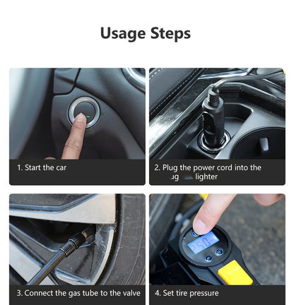 Inflador de pneus digital CaRSun, bomba de ar portátil com luz LED para automóveis, motos e bicicletas - DC 12V, 150 PSI, design preto e amarelo, alimentação por ficha, sem necessidade de bateria, insuflador de pneus de bicicleta | Porta elegante