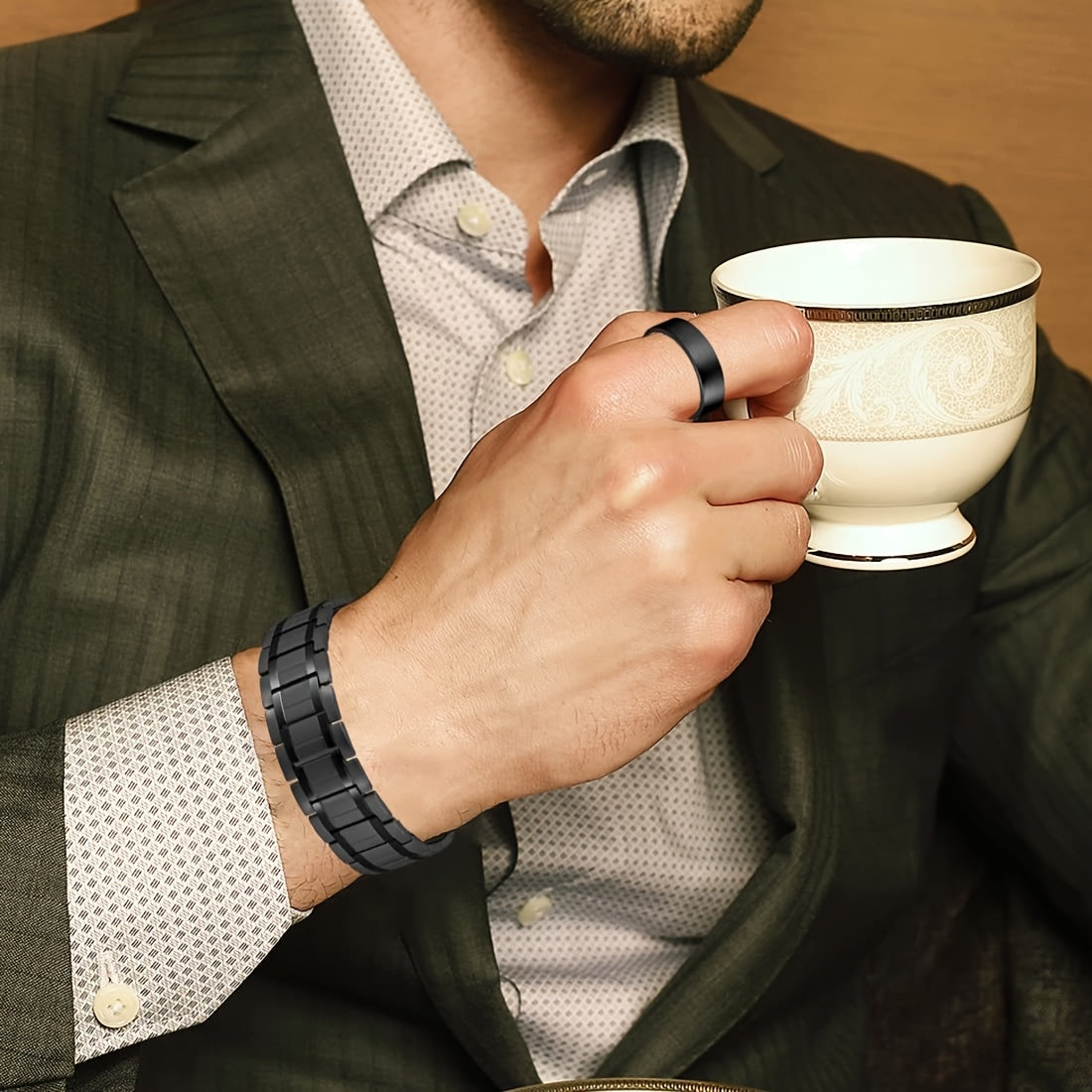 Pulseira magnética para homem em aço titânio com ímanes de 3500 Gauss – Design texturizado preto, presente elegante para o Dia do Pai, acessório de bem-estar | Estilo sofisticado | Joia durável, joia magnética