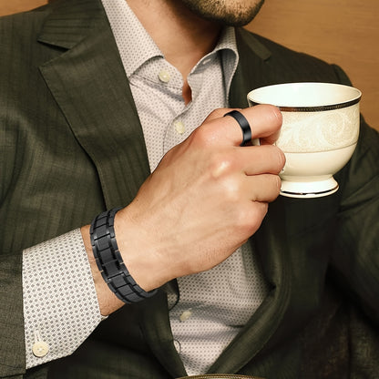 Pulseira magnética para homem em aço titânio com ímanes de 3500 Gauss – Design texturizado preto, presente elegante para o Dia do Pai, acessório de bem-estar | Estilo sofisticado | Joia durável, joia magnética