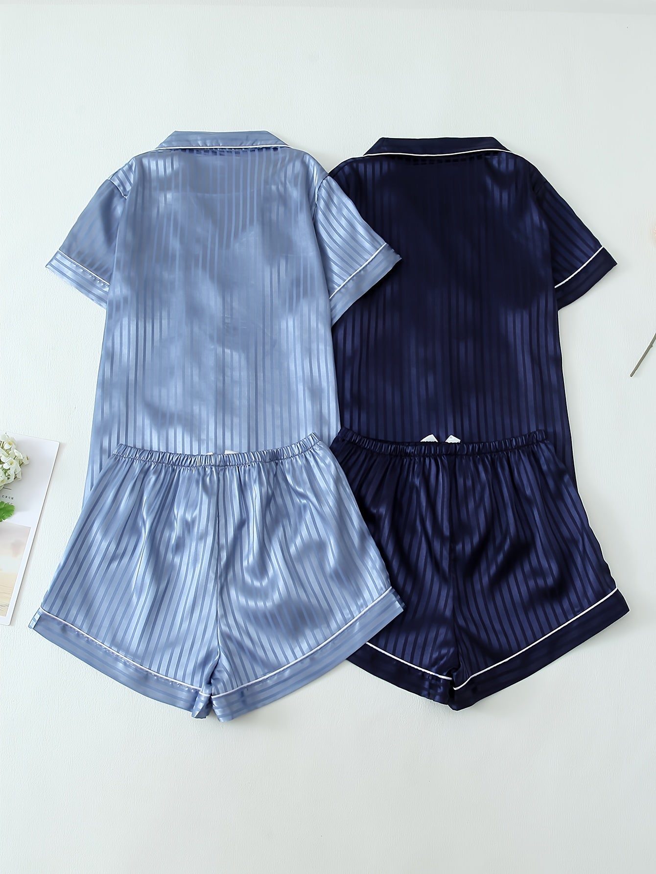 2 Sets Women's Striped Satin Casual Pajama Set, Short Sleeve Buttons Lapel Top & Shorts, Comfortable Relaxed Fit