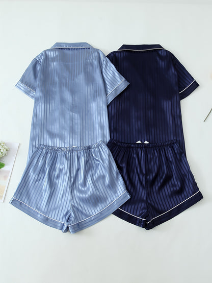 2 Sets Women's Striped Satin Casual Pajama Set, Short Sleeve Buttons Lapel Top & Shorts, Comfortable Relaxed Fit