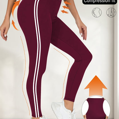 Women'S High-Waisted Black Side Stripe Leggings - Compression Fit, 4-Way Stretch, Crop Length, Sports Pants for Fitness and Casual Wear, Athletic Wear|Side Stripe Leggings|Compression Fit Leggings
