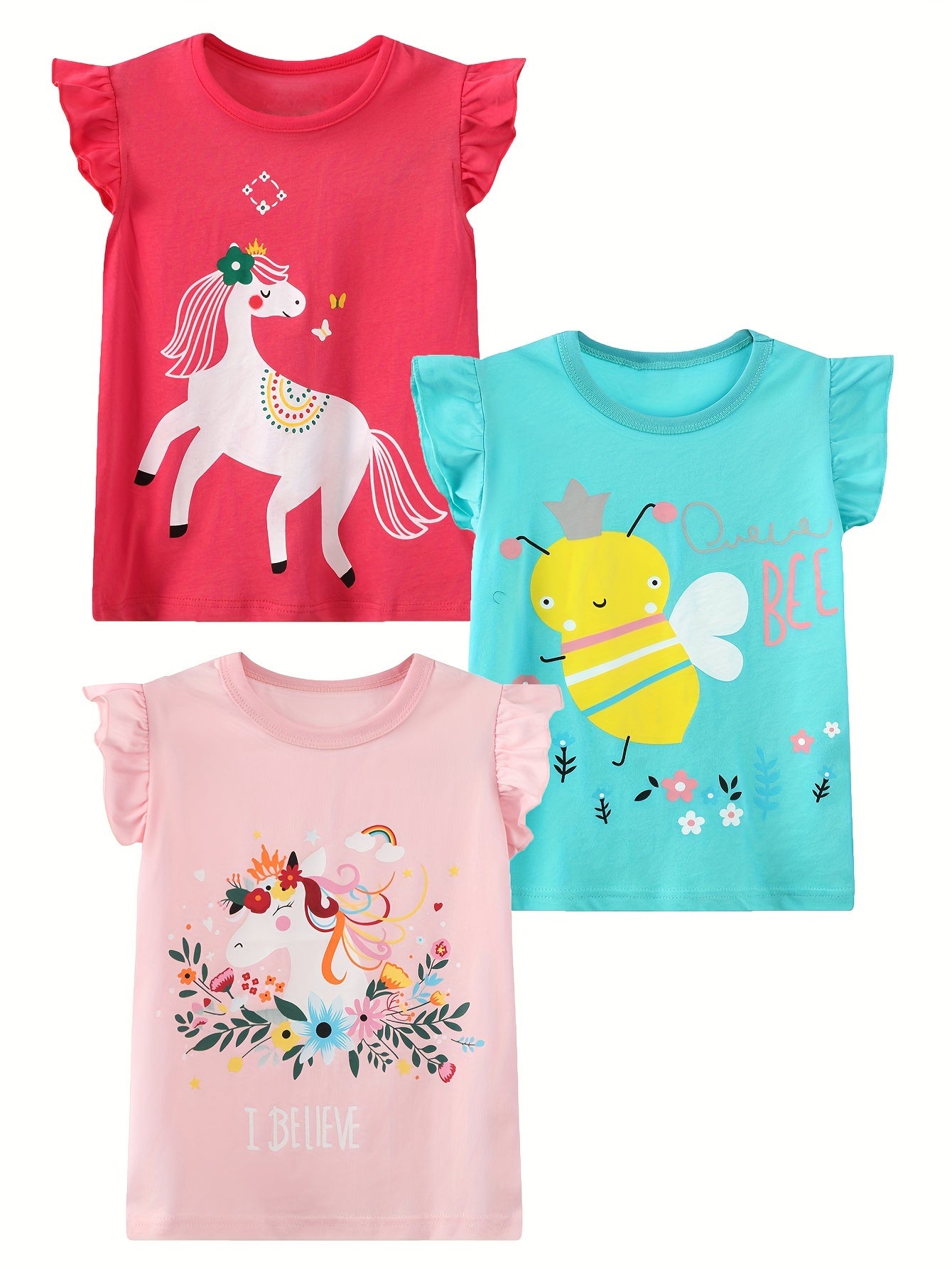 3pcs Comfy 100% Cotton Cartoon Animal Graphic Flutter Trim Sleeveless T-shirt Set Summer Clothes Gift For Girls