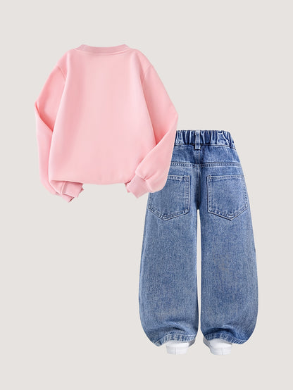 2pcs Disney Stitch Hoodie + Faux Denim Set, Fashionable Pink Sweatshirt &amp; Faux Denim Outfit for Girls, School Uniform Style, Streetwear Casual Fall/Winter Wear, Warm and Comfortable Fit, Perfect for Back-to-School Season, Ide