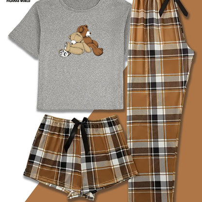Conjunto de pijama casual para mulher com estampado de urso e xadrez - Blusa de manga curta macia e larga com cintura elástica, calças compridas e calções, roupa de dormir aconchegante para o outono/inverno