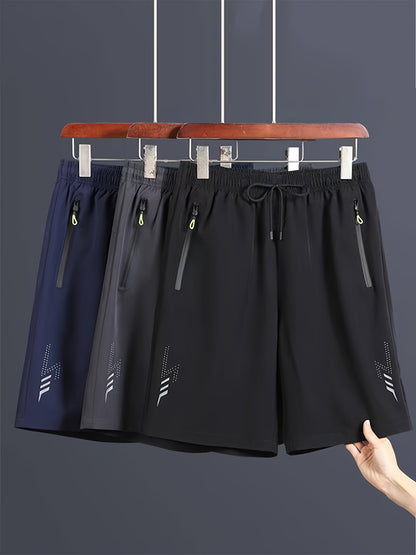 3pcs Men's Lightweight Quick-Dry Athletic Running Shorts - Loose Fit Plus Size, Zipper Pocket &amp; Elastic Waistband, Polyester/Elastane Blend Swim Shorts with White &amp; Black Design for Gym, Beach, Jogging - Summer Workout Swim T