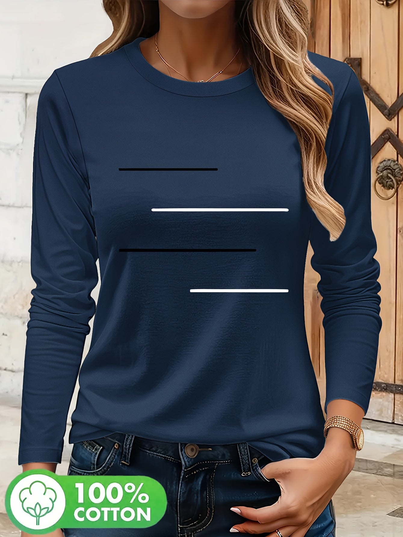 Simple Black and White Parallel Stripe Pattern Print T-Shirt, Suitable for Family Travel, Vacation, Casual, Parent- Matching Tee 9734