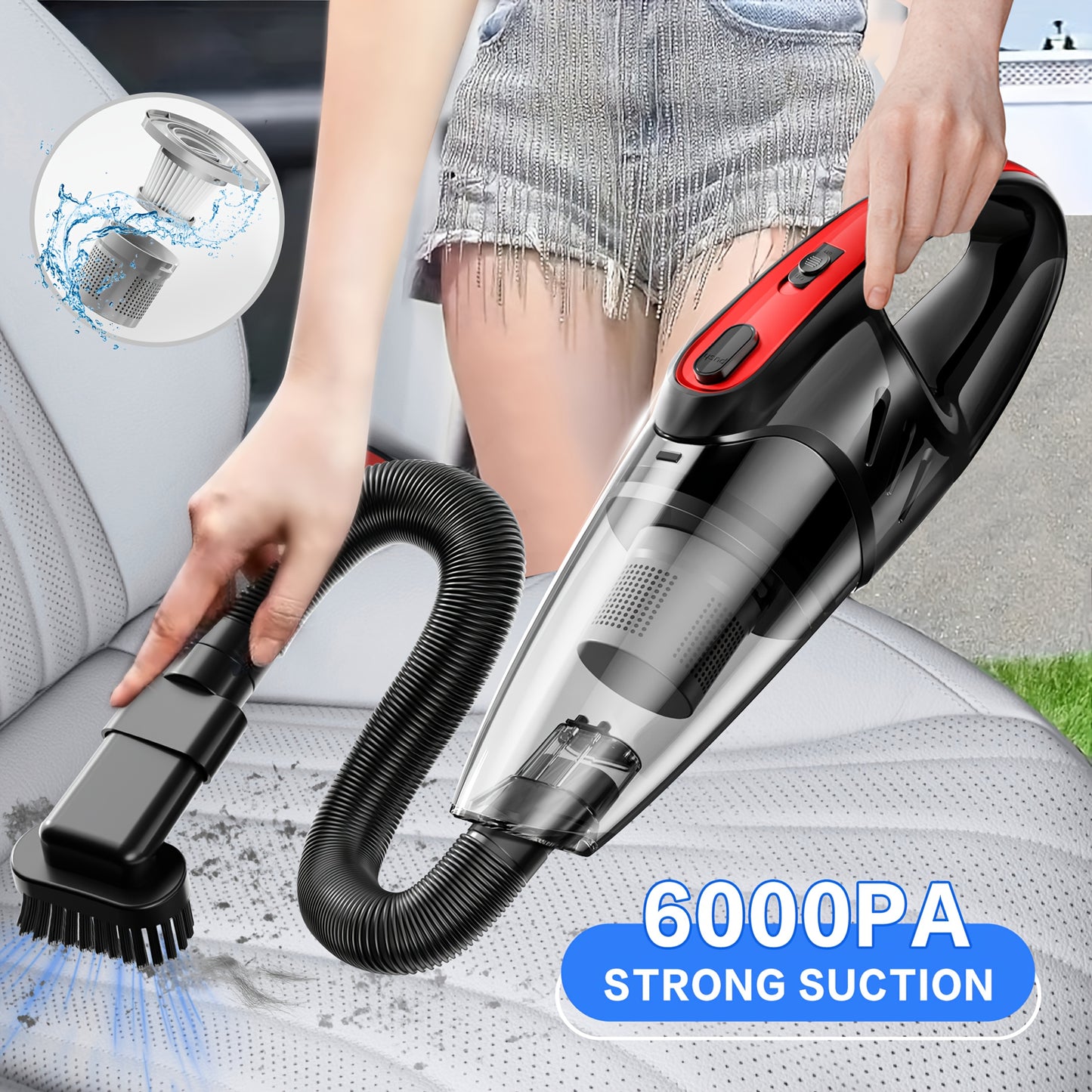 6000PA Car Vacuum Cleaner, Super Suction Power Handheld Vacuum with 2000mAh Battery, Low Noise, Includes 5 Accessories – Ideal for Car Interior Cleaning, Pet Hair Removal & Home Use, Women’s Auto Accessory Gift
