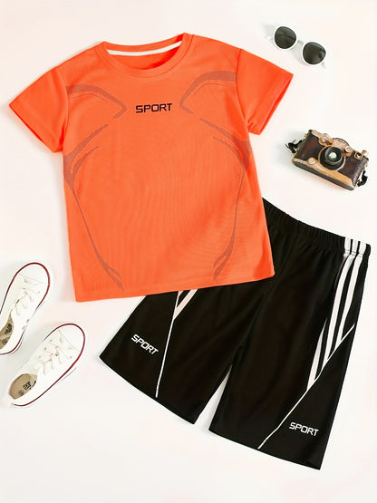 2pcs Boy's "Sport" Outfit Short Sleeves Round Neck T-shirt & Shorts Casual For Summer Daily And Outdoor Wear