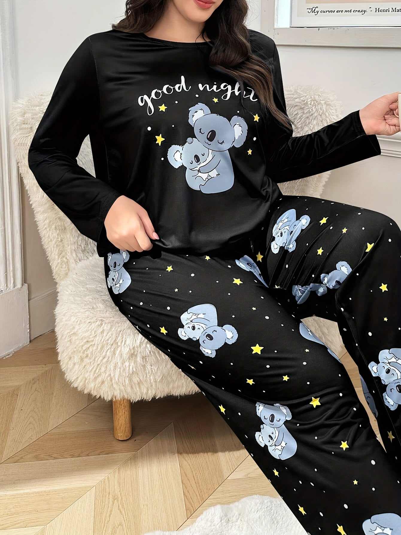 Plus Size Autumn/Winter Women's Pajamas with Cute Cartoon Koala Print Long Sleeve Loungewear Set