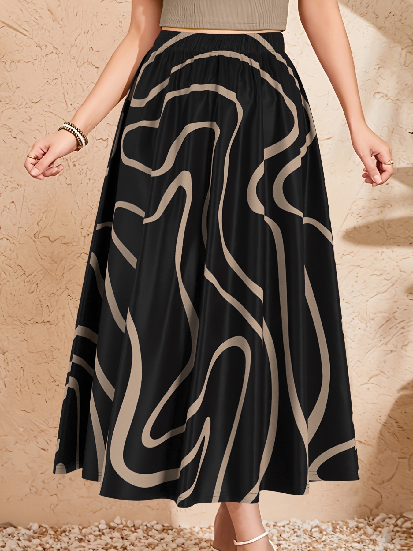 Saia midi elegante para mulher com cós elástico - Saia evasé com estampado geométrico preto e bege, tecido 120g para uso casual, no trabalho e em viagem - Lavável à máquina, ajuste confortável