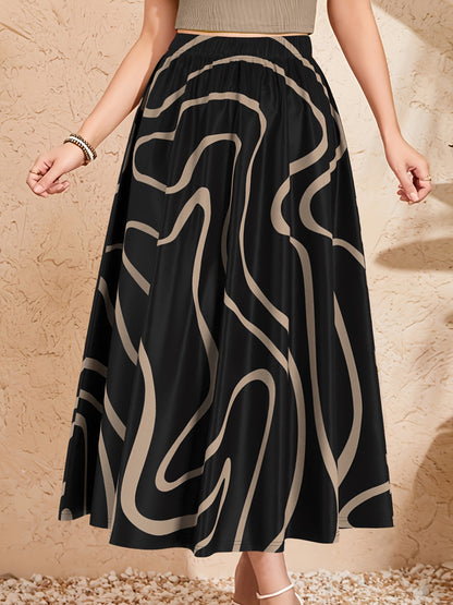 Saia midi elegante para mulher com cós elástico - Saia evasé com estampado geométrico preto e bege, tecido 120g para uso casual, no trabalho e em viagem - Lavável à máquina, ajuste confortável