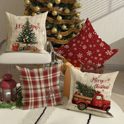 4pcs Set, Christmas Tree Snowflake Truck Buffalo Plaid Pillow Covers, Farmhouse Rustic Red Green Cozy Soft Decorative Pillowcases, Single-Sided Print, Christmas Winter Living Room Bedroom Sofa Bed Decor, No Insert