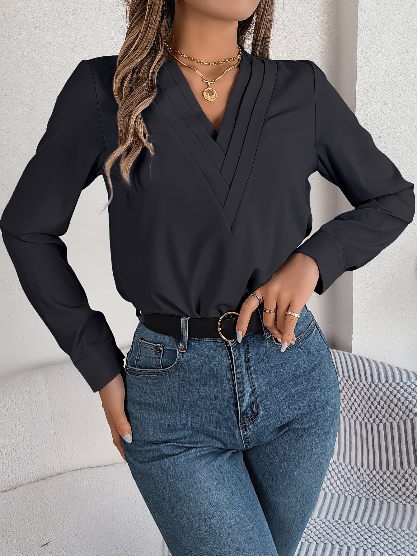 Women'S Elegant V-Neck Long Sleeve Shirt, Solid Color Polyester Blouse with Triple V-Cut, 95% Polyester 5% Elastane, Woven Fabric, 120g/m², for Spring/Summer/Fall - Adult