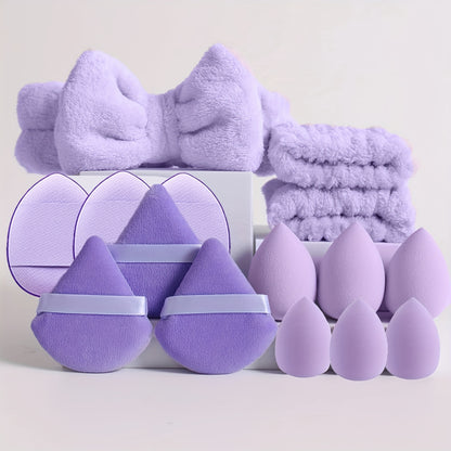 Conjunto de 15 peças de ferramentas de maquilhagem facial - 12 esponjas de maquilhagem ultramacias e laváveis ​​para pó facial e corporal, ideais para base e cosméticos, além de 1 bandolete com laço e 2 pulseiras.