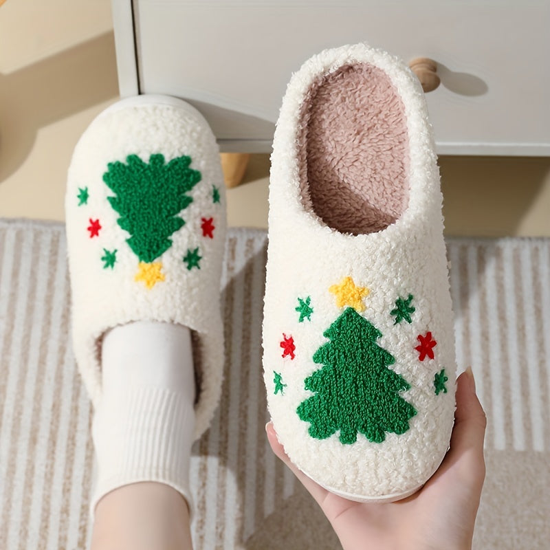 Pantufas felpudas com estampado de árvore de Natal, chinelos de inverno fechados e quentinhos para usar em casa, pantufas aconchegantes de sola macia e felpuda.
