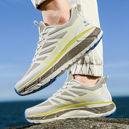 Men's All-Season Breathable Sneakers - Non-Slip Cushioned MD Sole, White/Gray/, Lace-Up Mid-Top Sneakers for Running, Gym, Hiking, Everyday - Extended Sizes Available, Outdoor Activities, Geometric Pattern, Secure Fit, Versat