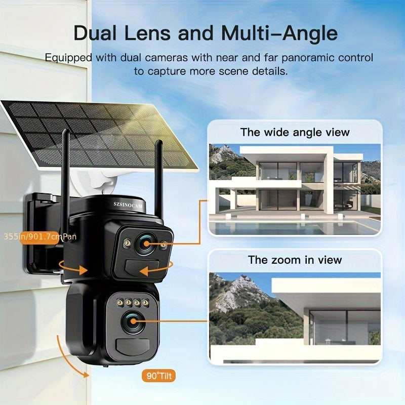 Solar-Powered 2G/3G/4G LTE Security Camera, 360° Viewing Angle, Includes SIM Card, Color Night Vision, PIR Motion Detection with Siren Alerts,4G Connectivity, Adjustable Height, Rechargeable Battery - Ideal for Rural Propert