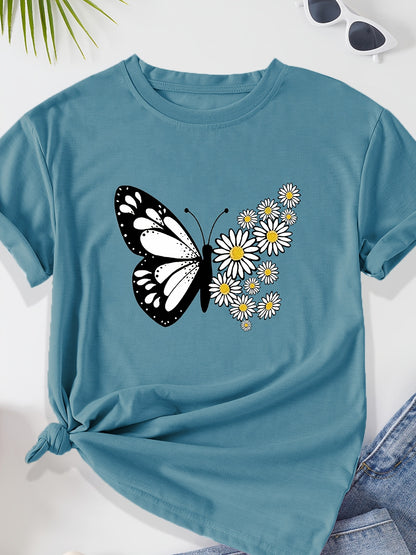 T-shirt casual para mulher com estampado floral de borboletas e margaridas, gola redonda - Verde azeitona, Lavável à máquina, Modelagem regular para looks casuais, Moda para todas as estações, Estilo descontraído, Tecido não transparente