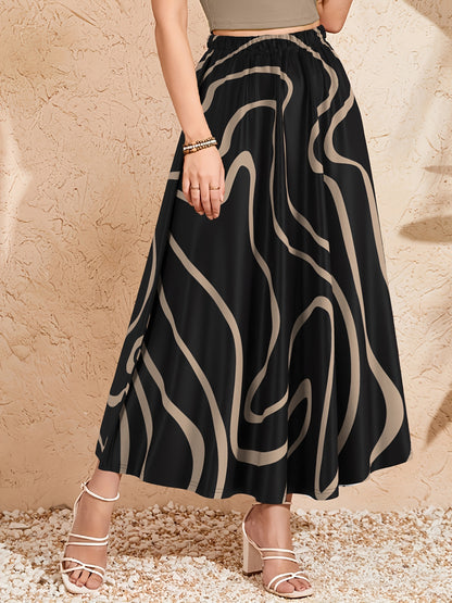 Saia midi elegante para mulher com cós elástico - Saia evasé com estampado geométrico preto e bege, tecido 120g para uso casual, no trabalho e em viagem - Lavável à máquina, ajuste confortável