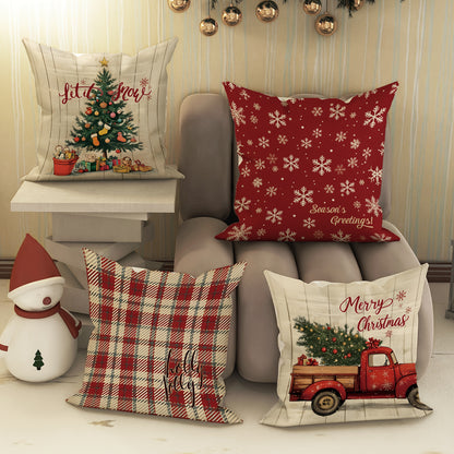 4pcs Set, Christmas Tree Snowflake Truck Buffalo Plaid Pillow Covers, Farmhouse Rustic Red Green Cozy Soft Decorative Pillowcases, Single-Sided Print, Christmas Winter Living Room Bedroom Sofa Bed Decor, No Insert