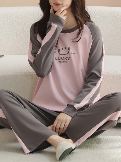 Women'S Cozy Long Sleeve Pajama Set - Soft Pink & Gray, "Lucky Day" Design, Casual Crew Neck, Long Length, Perfect for Fall/Winter, Comfortable Home Wear, Cozy Clothing | Playful Design | Soft Fabric, Ladie Long Sleeve Nightd