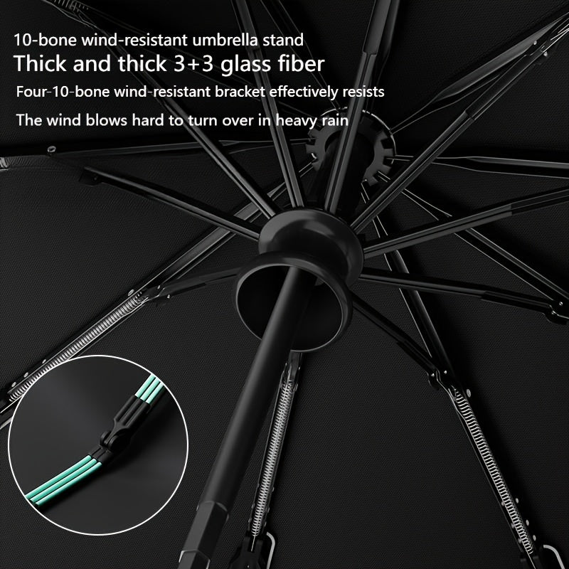 10 bone 3+3 glass fiber bone automatic folding umbrella, enlarged and thickened black rubber sunscreen coating, reinforced protective aluminum alloy skeleton, simple solid color design, unisex business sunshade dual-use umbre