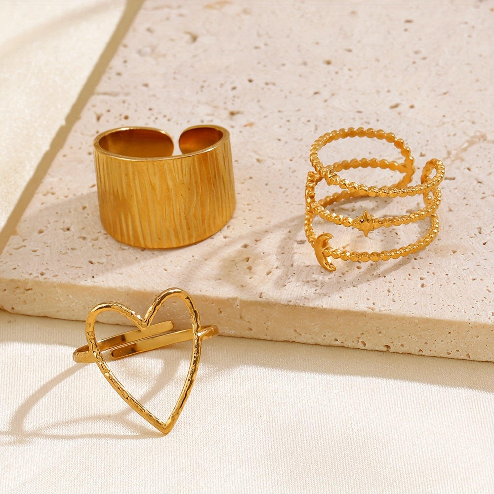 Conjunto de 5 e 6 anéis ajustáveis ​​em aço inoxidável dourado com formato de coração, estrela e lua para mulher. Anéis de metal estilo hip-hop, perfeitos como acessórios para oferecer. Joias estilo K-pop.