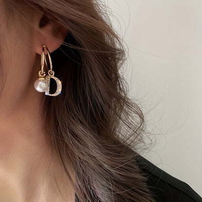 Hollow Letter D Design With Shiny Rhinestone Faux Pearl Decor Golden Dangle Earrings Japanese/ Korean Style Alloy Jewelry Female Gift