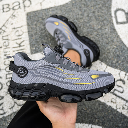 Sapatos de trabalho para homem da moda: leves, confortáveis, duráveis, com sola antiderrapante, biqueira de aço resistente à pressão, tecido respirável, elástico ajustável e design sem fivela.