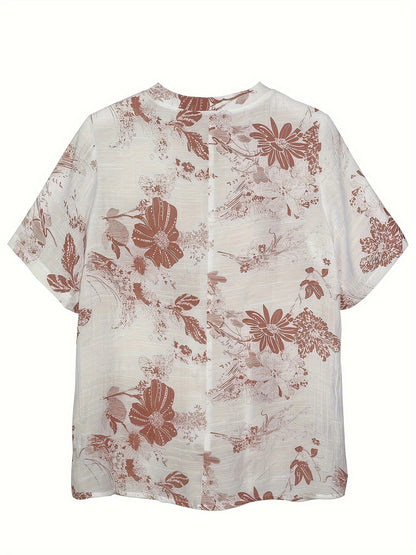 Women's Floral Print A-Line Blouse - Casual Short Sleeve, Round Neck with Front Button Detail, Lightweight Polyester Blend, Perfect for Spring/Summer