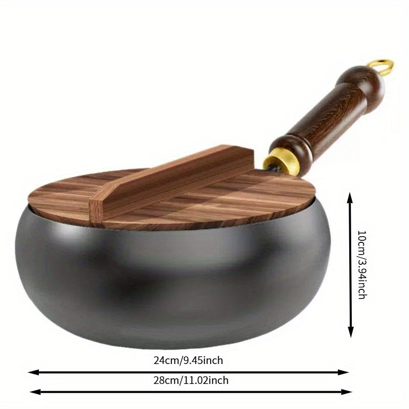 LDQ 1pc Cast Iron Pan Splash Resistant Design Rust Proof Durable Construction Even Heat Distribution Healthy Cooking Essential for Indoor Outdoor Use Oven Safe Wooden Handle Pans for Cooking Indoor Kitchenware Perfect Gifts f