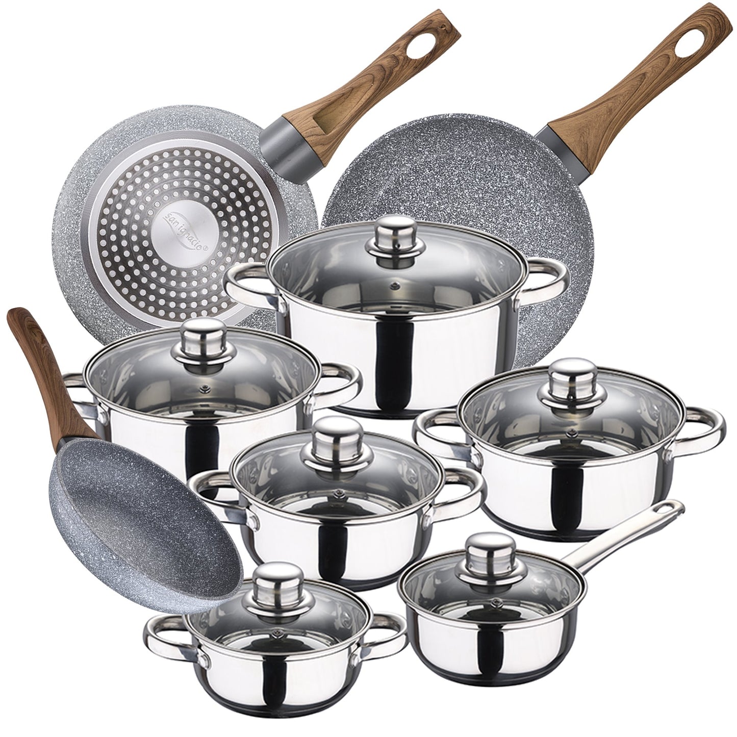 12pcs SAN IGNACIO Cassel Stainless Steel Cookware Set with SAN IGNACIO Daimiel Forged Aluminum Frying Pan Set (18/20/24 Cm)